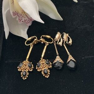 Elegant Gold and Black Drop Earrings Clip-On Set